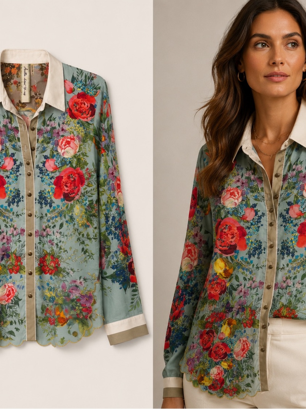 Aratta Floral Sage Button-Up Blouse with Cream Collar